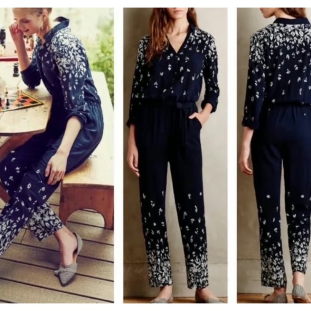 Lilka Anthropologie Navy Blue Floral Lakeshore LongSleeve Jumpsuit Womens Medium